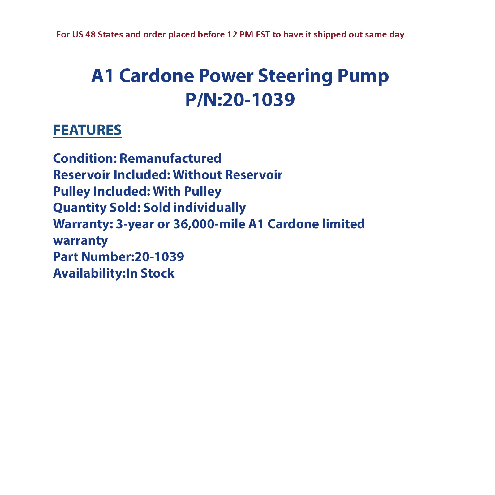 Cardone 20-1039 Remanufactured Power Steering Pump without Reservoir